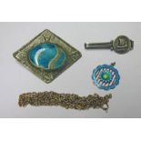 GEORGE JENSEN SILVER CLASP ENAMELLED PENDANT & ARTS & CRAFTS PEWTER & PORCELAIN BROOCH