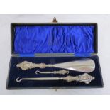 CASED SILVER 3PCE BUTTONHOOK & SHOE HORN SET