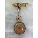 14 K OPEN FACE FOB WATCH WITH PEACH ENAMEL DIAL WITH SEED PEARL BORDER THE REVERSE WITH ENAMEL
