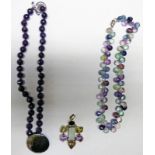 AMETHYST BEAD NECKLACE WITH HAMMER EFFECT DISC MARKED 925 AND MULTI GEM SET PENDANT MARKED 925 AND