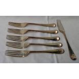 SET OF 6 SILVER TABLE FORKS, 14 OZS,