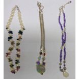 MOTHER OF PEARL GEM SET PENDANT MARKED 925 & AMETHYST BEAD NECKLACE MARKED 925,