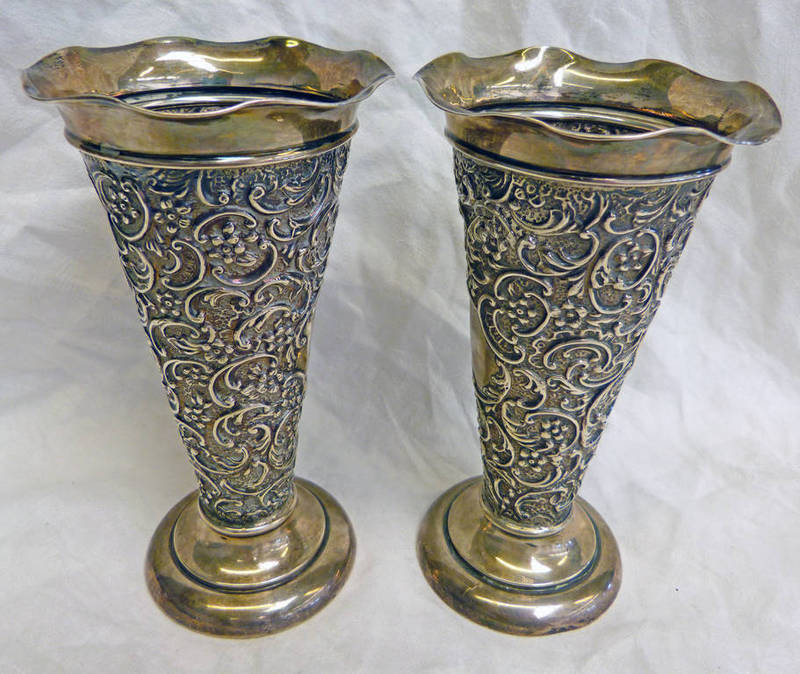 PAIR SILVER VASES WITH EMBOSSED DECORATION