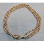 TRIPLE STRAND CULTURED PEARL NECKLACE ON CLASP MARKED 375