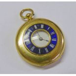 GOLD HALF HUNTER FOB WATCH WITH BLUE ENAMEL DECORATED ENGINE TURNED CASE & WHITE ENAMEL DIAL,