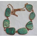 MALACHITE SET NECKLACE ON FINE CHAIN MARKED 9CT