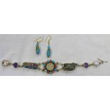 ABALONE SHELL BRACELET MARKED 925 & PAIR OF BLUE GLASS EARRINGS MARKED 9K