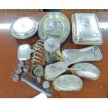 SILVER PLATED ENTREE DISHES, HIP FLASH, TOASTRACK, SNUFFER TRAY, SILVER BACKED BRUSH SET,