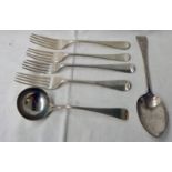 4 SILVER TABLE FORKS, SILVER TABLE SPOON,
