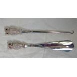 SILVER HANDLED OWL SHOE HORN & BUTTON HOOK,