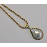 GOLD TEAR DROP MABE PEARL & DIAMOND PENDANT WITH ROPE TWIST BORDER ON A 9K GOLD ROPE TWIST CHAIN