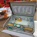 LEATHER CASED DRESSING TABLE SET WITH SILVER AND ENAMELLED FITTINGS Condition Report: