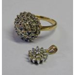 9CT GOLD DIAMOND CLUSTER RING & MATCHING PENDANT