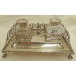 LATE VICTORIAN RECTANGULAR INK STAND WITH 2 INK WELLS WITH SILVER TOPS,