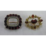 19TH CENTURY GARNET AND PEARL SET BROOCH AND 9CT GOLD GARNET AND PEARL SET BROOCH