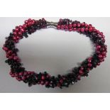 RASPBERRY CULTURED PEARL AND GARNET BEAD NECKLACE ON MAGNETIC CLASP