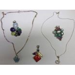 MOTHER OF PEARL & GEM SET PENDANT, AGATE SET PENDANT MARKED 925, GEM SET PENDANT MARKED 925,