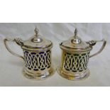 2 SILVER MUSTARD POTS WITH BLUE & GREEN LINER