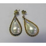 PAIR OF 9CT GOLD TEAR DROP MABE PEARL & DIAMOND EARRINGS WITH ROPE TWIST BORDER