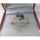 DIAMOND & SAPPHIRE 2 STONE RING MARKED 18CT GOLD & PLAT THE DIAMOND APPROX 0.