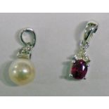 DIAMOND & CULTURED PEARL SET PENDANT MARKED K18 & RUBY & DIAMOND SET PENDANT MARKED 75