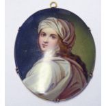 PAINTED PORCELAIN PANEL MINIATURE OF A YOUNG LADY WITHIN A YELLOW METAL MOUNT.