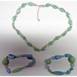 GREEN AND PINK STONE NECKLACE MARKED 925 AND 2 GREEN STONE BRACELETS