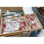LARGE SELECTION SILVER PLATED CUTLERY, CASED CUTLERY, SERVERS, SILVER PLATED TODDY LADLE ETC.