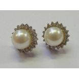 PAIR OF 18CT WHITE GOLD DIAMOND & CULTURED PEARL CLUSTER EARSTUDS