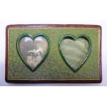 ENAMEL HEART SHAPED TWIN PHOTO FRAMES IN LEATHER SURROUND