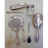 SILVER TOPPED JAR, SILVER DRESSING TABLE SET,