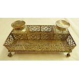 SILVER DESK SET HOLDER - LONDON 1762 AND PAIR OF SILVER TOPPED INKWELLS - LONDON 1884