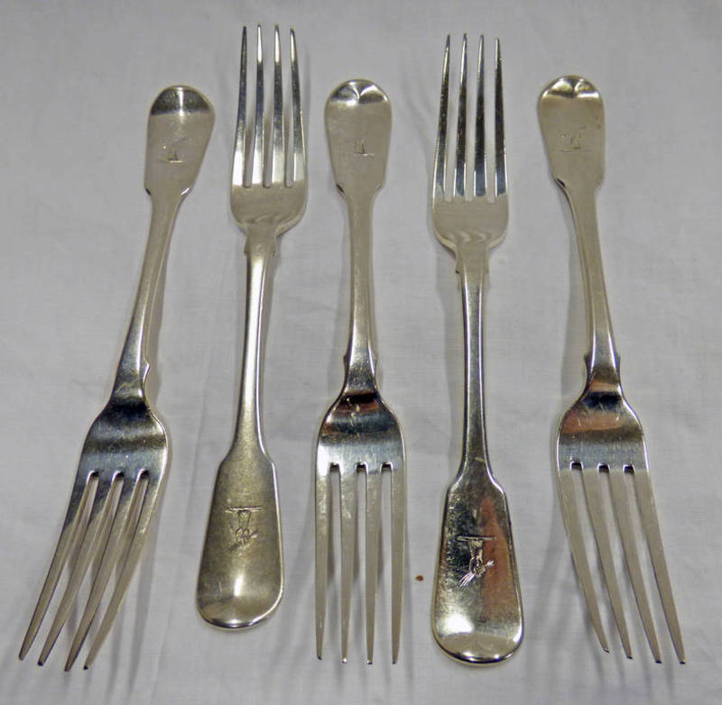 SET OF 5 SILVER TABLE FORKS,