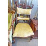 EARLY 20TH CENTURY MAHOGANY OPEN ARMCHAIR ON SHAPED SUPPORTS Condition Report: Wear