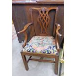 EARLY 20TH CENTURY MAHOGANY OPEN ARMCHAIR ON SQUARE SUPPORTS