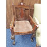 EASTERN CARVED HARDWOOD OPEN ARMCHAIR ON SHAPED SUPPORTS