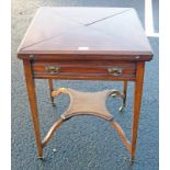 LATE 19TH CENTURY MAHOGANY ENVELOPE CARD TABLE WITH DRAWER AND SQUARE SUPPORTS