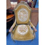 LATE 19TH CENTURY CARVED GILT WOOD OPEN ARMCHAIR ON TURNED SUPPORTS