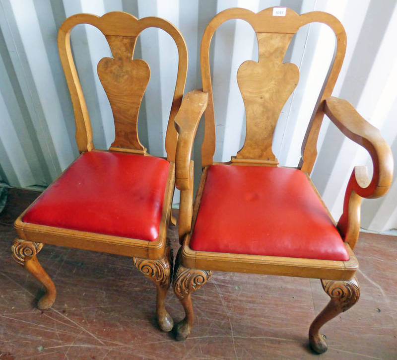 SET OF 8 EARLY 20TH CENTURY WALNUT DINING CHAIRS ON QUEEN ANNE SUPPORTS INCLUDING 2 ARMCHAIRS