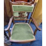 19TH CENTURY INLAID MAHOGANY OPEN ARMCHAIR ON SHAPED SUPPORTS Condition Report: Play