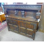 19TH CENTURY OAK COURT CUPBOARD WITH CARVED DECORATION & 2 SMALL & 2 LARGE PANEL DOORS