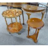 WALNUT HALL TABLE, CIRCULAR TABLE WITH DECORATIVE INLAY AND BRASS GALLEY,