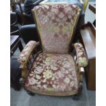 EARLY 20TH CENTURY MAHOGANY OCCASIONAL ARMCHAIR WITH PINK FLORAL UPHOLSTERY,