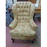 LATE 19TH/EARLY 20TH CENTURY BUTTON BACK LUG ARMCHAIR WITH CARVED SUPPORTS