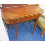 LATE 19TH CENTURY MAHOGANY TURNOVER TEA TABLE WITH BOX WOOD INLAY AND SQUARE TAPERED SUPPORTS