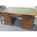 19TH CENTURY STYLE INLAID MAHOGANY TWIN PEDESTAL LEATHER TOPPED DESK ON BRACKET SUPPORTS
