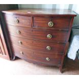 19TH CENTURY MAHOGANY BOW FRONT CHEST OF 2 SHORT OVER 3 LONG DRAWERS ON SPLAYED SUPPORTS