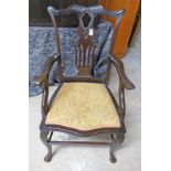 EARLY 20TH CENTURY MAHOGANY OPEN ARMCHAIR ON QUEEN ANNE SUPPORTS