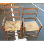PAIR OF 19TH CENTURY PINE KITCHEN ARMCHAIRS WITH LADDERBACK,