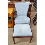 MAHOGANY FRAMED TUB CHAIR AND RECTANGULAR STOOL